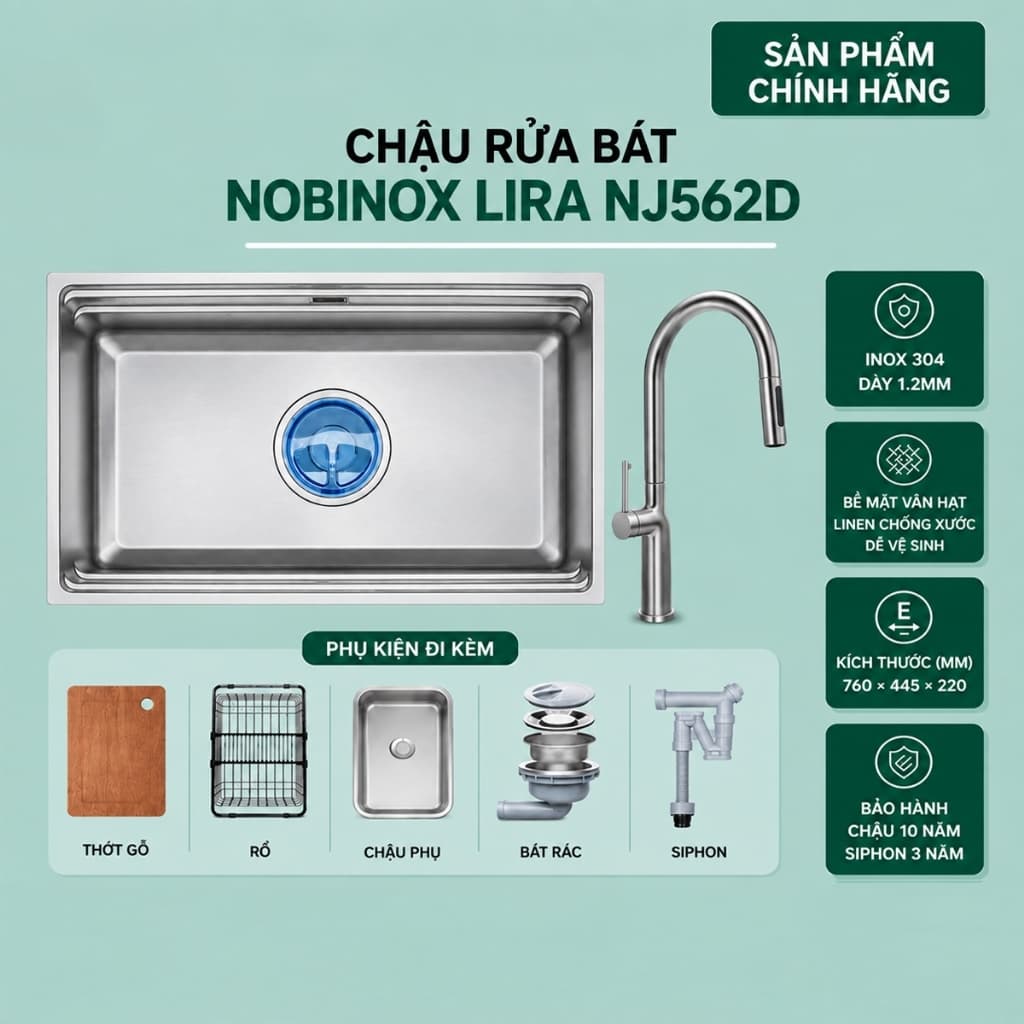 CHẬU RỬA BÁT 1 HỐ NOBINOX LIRA NJ562D | Hàng chính hãng