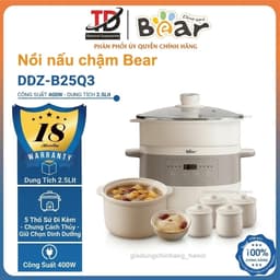 Nồi Nấu Chậm Bear DDZ-B25Q3, 2.5L 400W, 5 Thố Sứ, Chưng Cách Thủy, Nấu Cháo, Hầm, Chè, Hàng Chính Hãng 1
