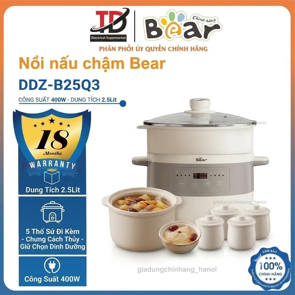 Nồi Nấu Chậm Bear DDZ-B25Q3, 2.5L 400W, 5 Thố Sứ, Chưng Cách Thủy, Nấu Cháo, Hầm, Chè, Hàng Chính Hãng
