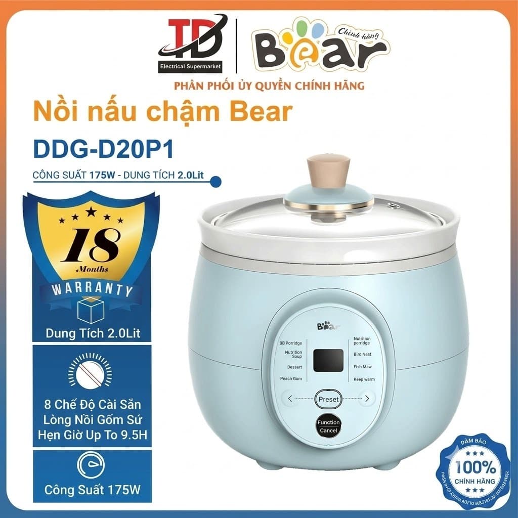 Nồi Nấu Chậm Bear DDG-D20P1, 2Lit - 175W, 8 Chế Độ Nấu, Lòng Gốm Sứ, Hẹn Giờ Giữ Ấm 9.5H, Hàng Chính Hãng