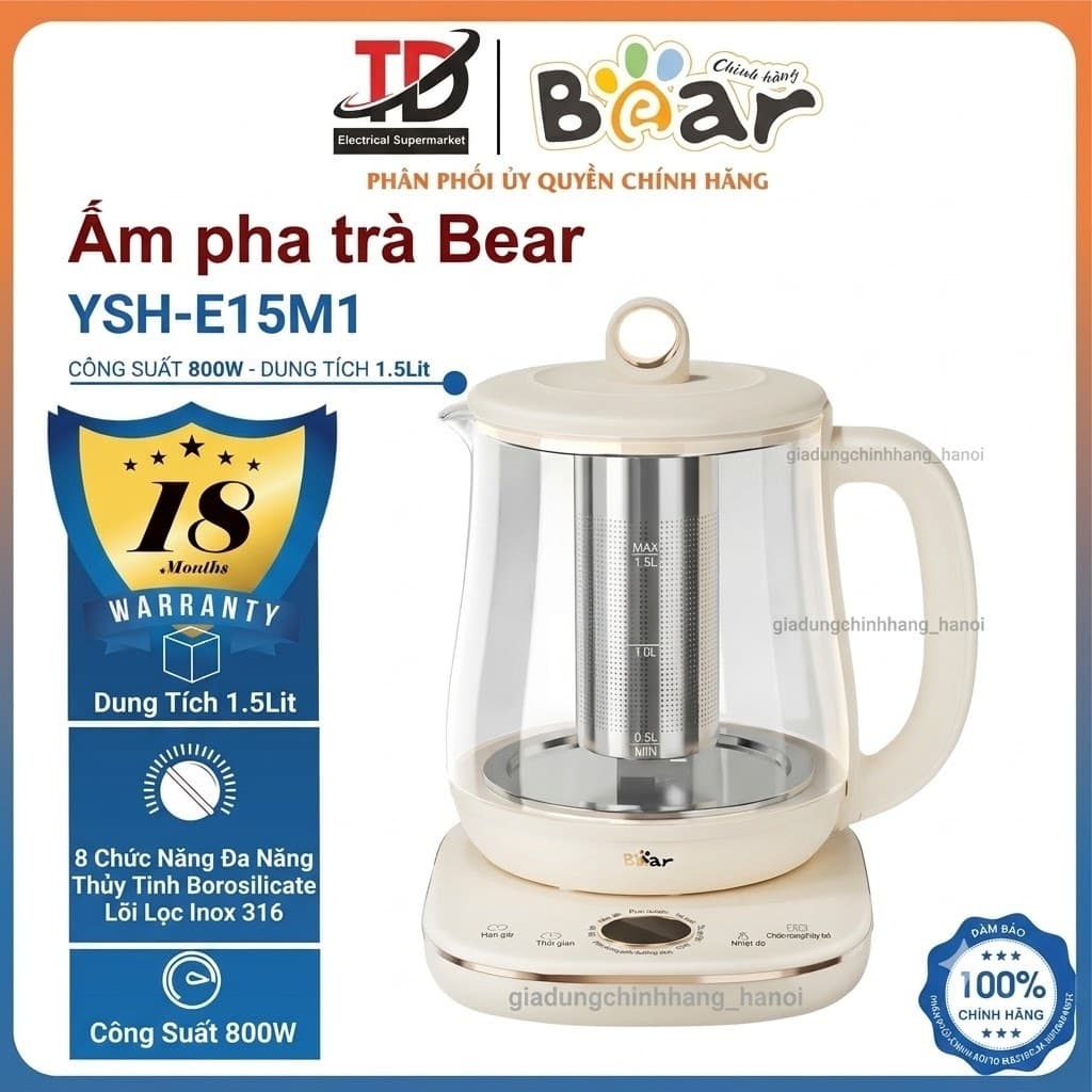 Ấm Pha Trà Bear YSH-E15M1, 1.5Lit - 800W, 8 Chức Năng, Thủy Tinh Borosilicate, Inox 316, Giữ Ấm 12H, Hàng Chính Hãng