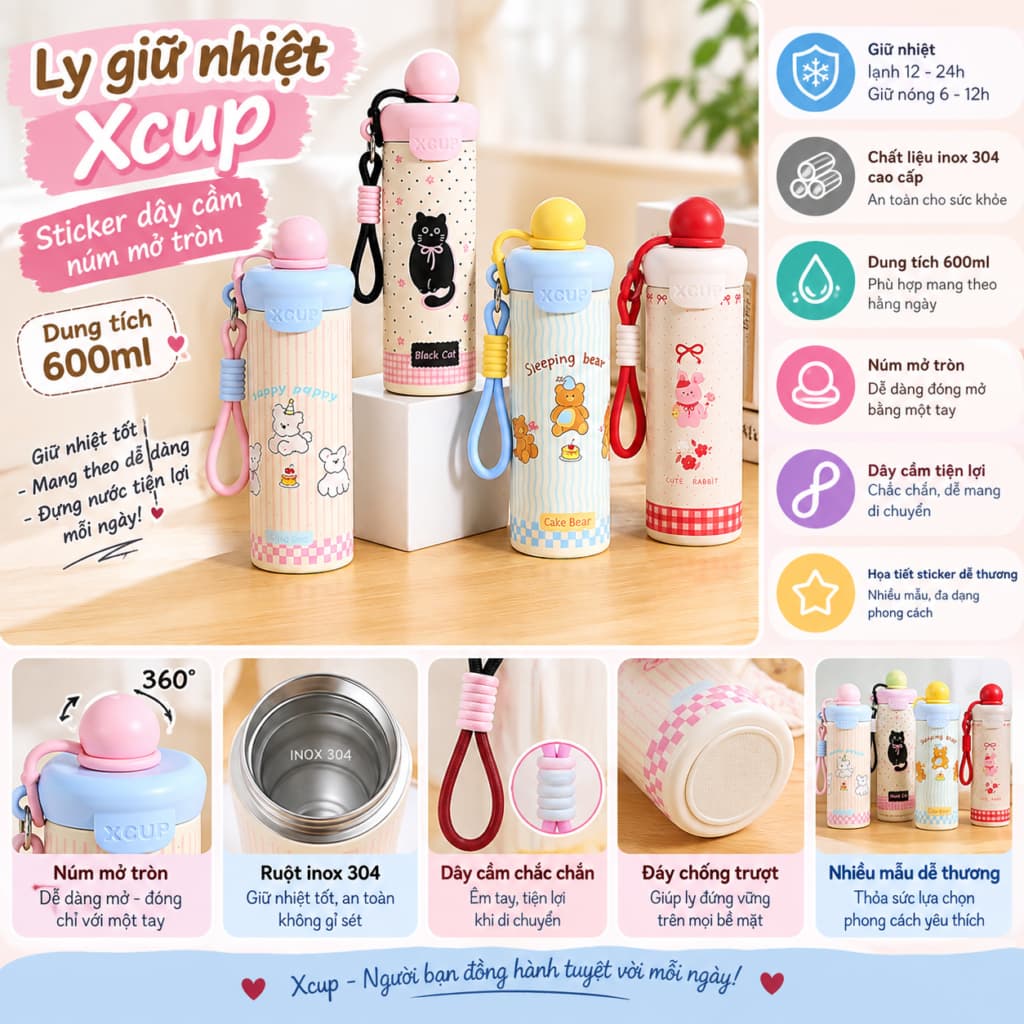 Bình/Ly giữ nhiệt Xcup sticker dây cầm núm mở tròn 600ml và Bình Đựng Nước Kute Hello Có Dây Đeo Sticker 3D 450ml. LMS