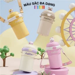 Bình/Ly giữ nhiệt Xcup sticker dây cầm núm mở tròn 600ml và Bình Đựng Nước Kute Hello Có Dây Đeo Sticker 3D 450ml. LMS 9