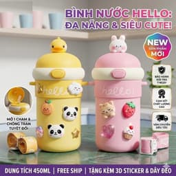 Bình/Ly giữ nhiệt Xcup sticker dây cầm núm mở tròn 600ml và Bình Đựng Nước Kute Hello Có Dây Đeo Sticker 3D 450ml. LMS 8