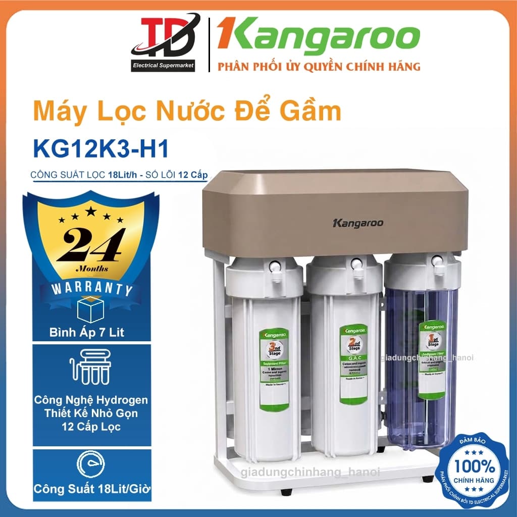 Máy Lọc Nước Kangaroo Hydrogen KG12K3-H1, 12 Lõi Lọc RO Vortex, Tạo Hydrogen, Để Gầm Tủ Bếp Công Suất 18L/H