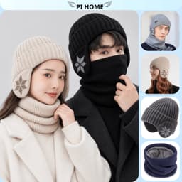 Bộ Mũ len kèm khăn giữ ấm mùa đông có che tai dành cho nam nữ, mũ len kèm khăn ống cổ giữ ấm có lót lông bên trong 1