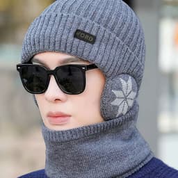 Bộ Mũ len kèm khăn giữ ấm mùa đông có che tai dành cho nam nữ, mũ len kèm khăn ống cổ giữ ấm có lót lông bên trong 3