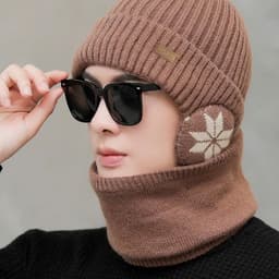 Bộ Mũ len kèm khăn giữ ấm mùa đông có che tai dành cho nam nữ, mũ len kèm khăn ống cổ giữ ấm có lót lông bên trong 5