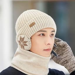 Bộ Mũ len kèm khăn giữ ấm mùa đông có che tai dành cho nam nữ, mũ len kèm khăn ống cổ giữ ấm có lót lông bên trong 6