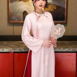 (Ảnh thật tự chụp) Áo dài Vân Linh 3 màu đỏ - hồng - vàng kem chất liệu lụa vân hoa mềm mại - tôn dáng - dịu dàng 3