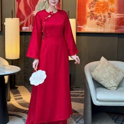 (Ảnh thật tự chụp) Áo dài Vân Linh 3 màu đỏ - hồng - vàng kem chất liệu lụa vân hoa mềm mại - tôn dáng - dịu dàng 8