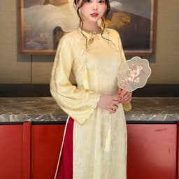 (Ảnh thật tự chụp) Áo dài Vân Linh 3 màu đỏ - hồng - vàng kem chất liệu lụa vân hoa mềm mại - tôn dáng - dịu dàng 7