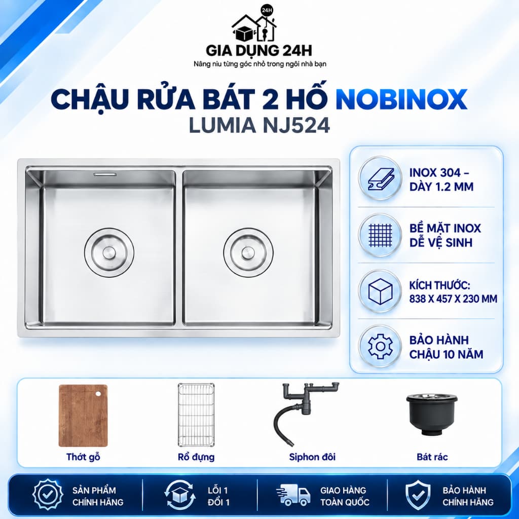 CHẬU RỬA BÁT 2 HỐ NOBINOX LUMIA NJ524