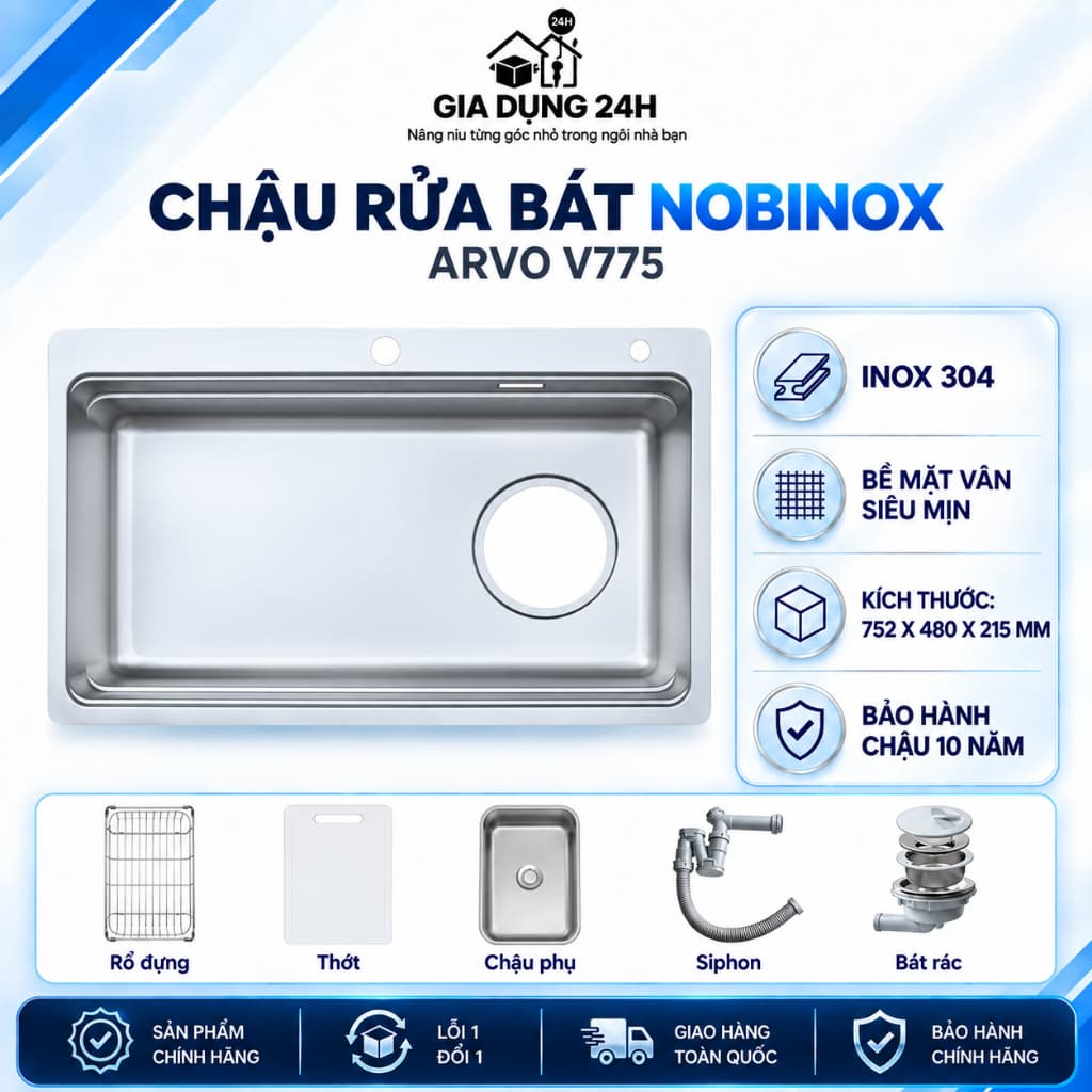 CHẬU RỬA BÁT 1 HỐ NOBINOX ARVO V775
