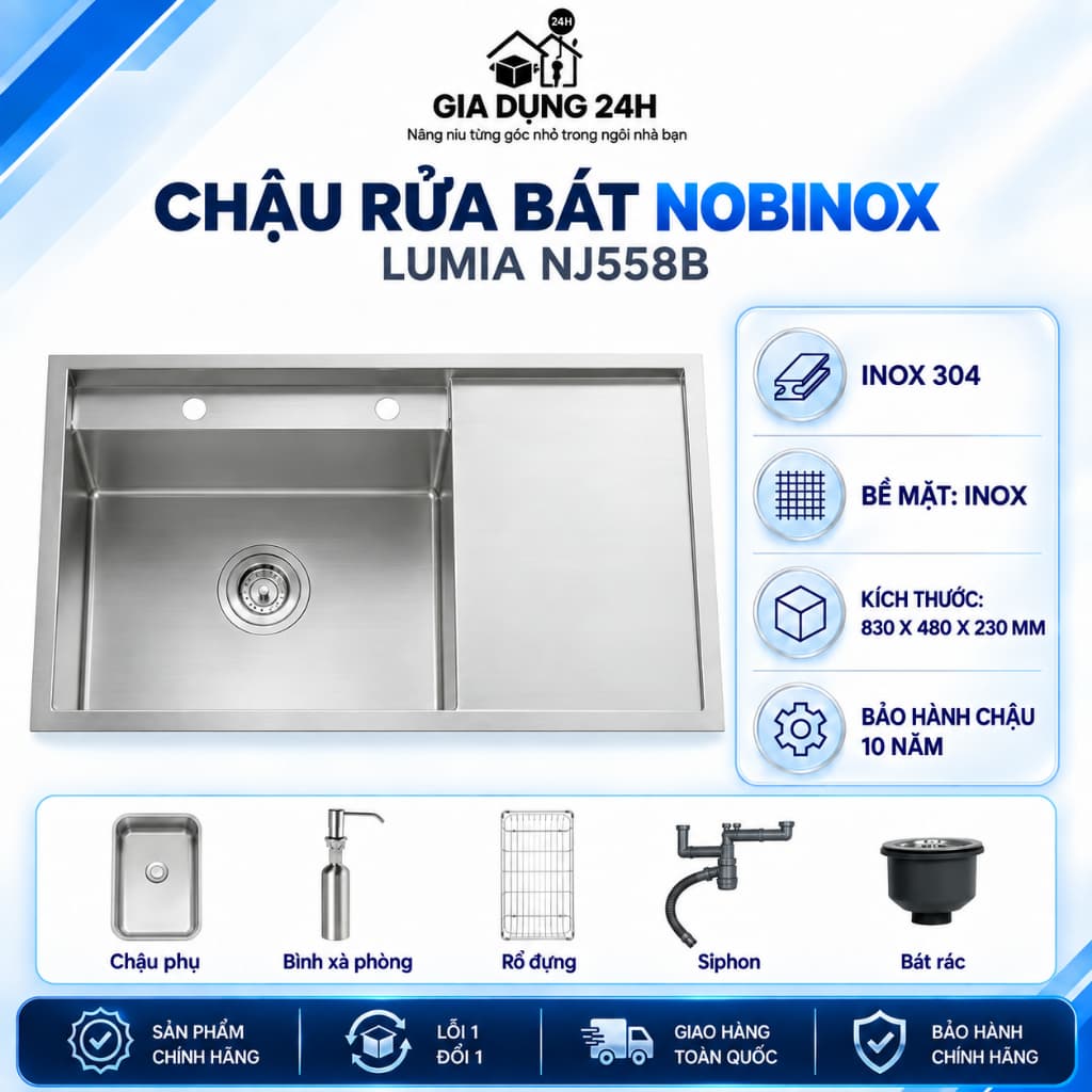 CHẬU RỬA BÁT 1 HỐ NOBINOX LUMIA NJ558B
