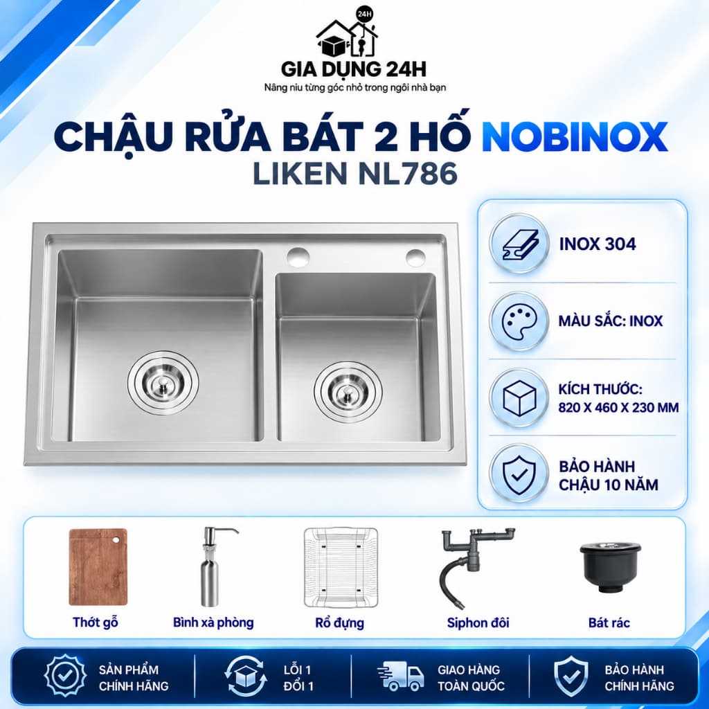 CHẬU RỬA BÁT 2 HỐ NOBINOX LIKEN NL786