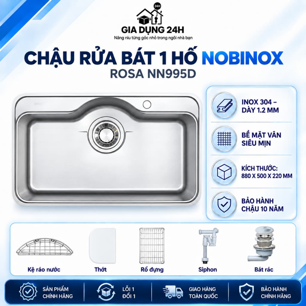 CHẬU RỬA BÁT 1 HỐ NOBINOX ROSA NN995D | Hàng chính hãng