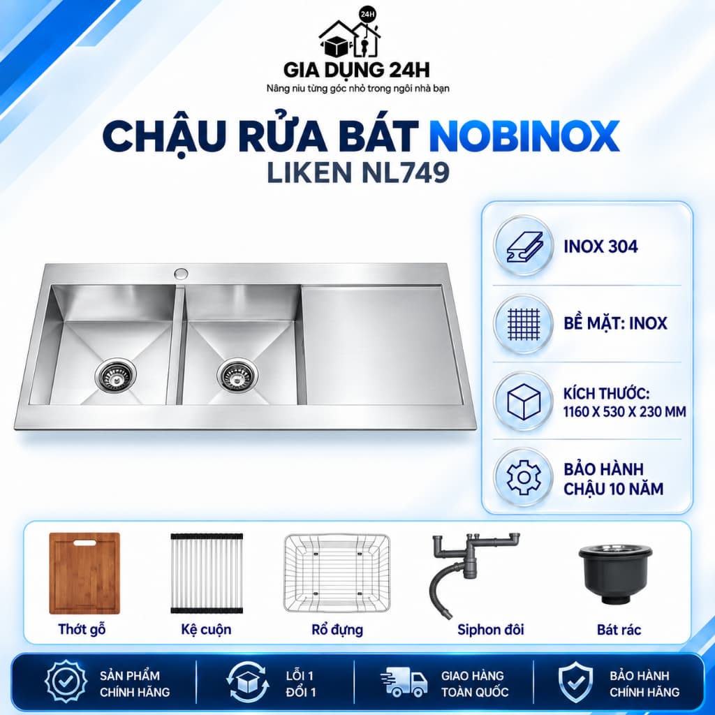 CHẬU RỬA BÁT 2 HỐ NOBINOX LIKEN NL749