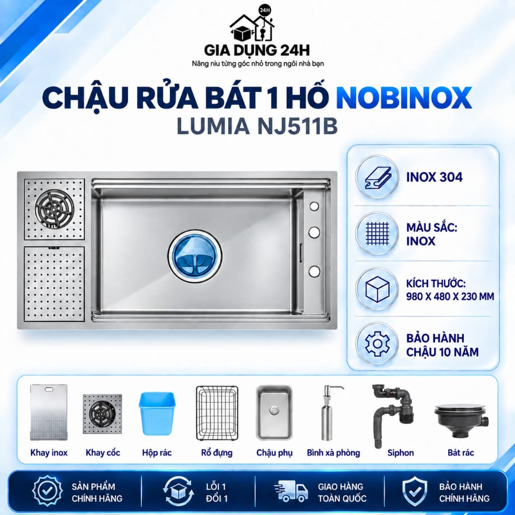 CHẬU RỬA BÁT 1 HỐ NOBINOX LUMIA NJ511B