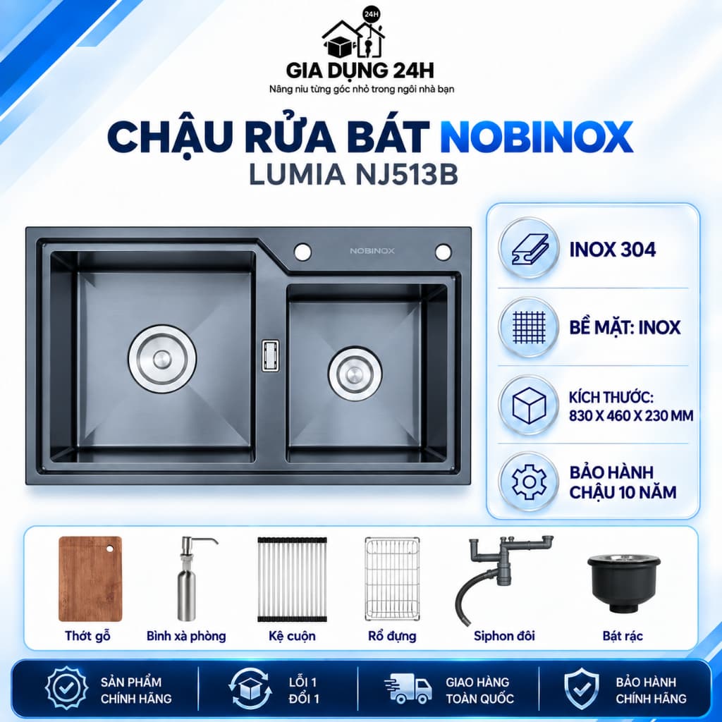 CHẬU RỬA BÁT 2 HỐ NOBINOX LUMIA NJ513B