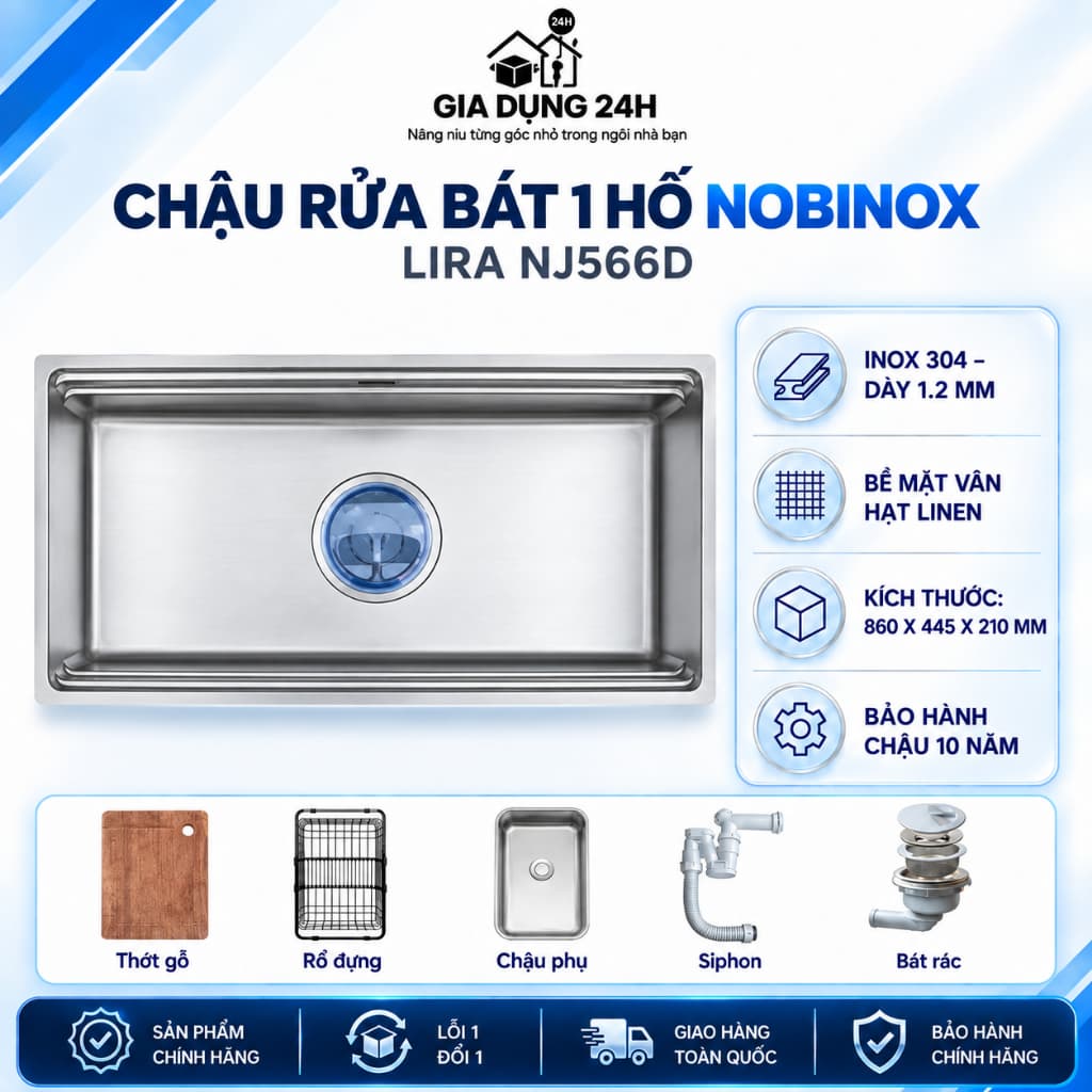 CHẬU RỬA BÁT 1 HỐ NOBINOX LIRA NJ566D | Kích thước 860X445 | Hàng chính hãng