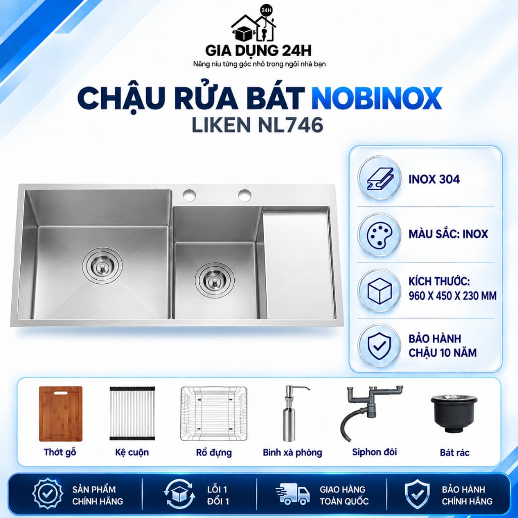 CHẬU RỬA BÁT 2 HỐ NOBINOX LIKEN NL746