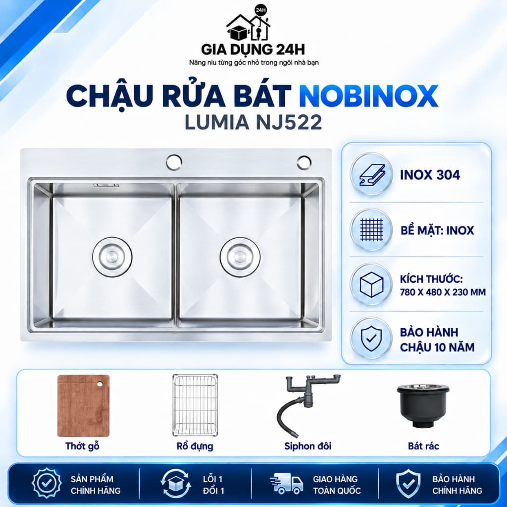 CHẬU RỬA BÁT 2 HỐ NOBINOX LUMIA NJ522