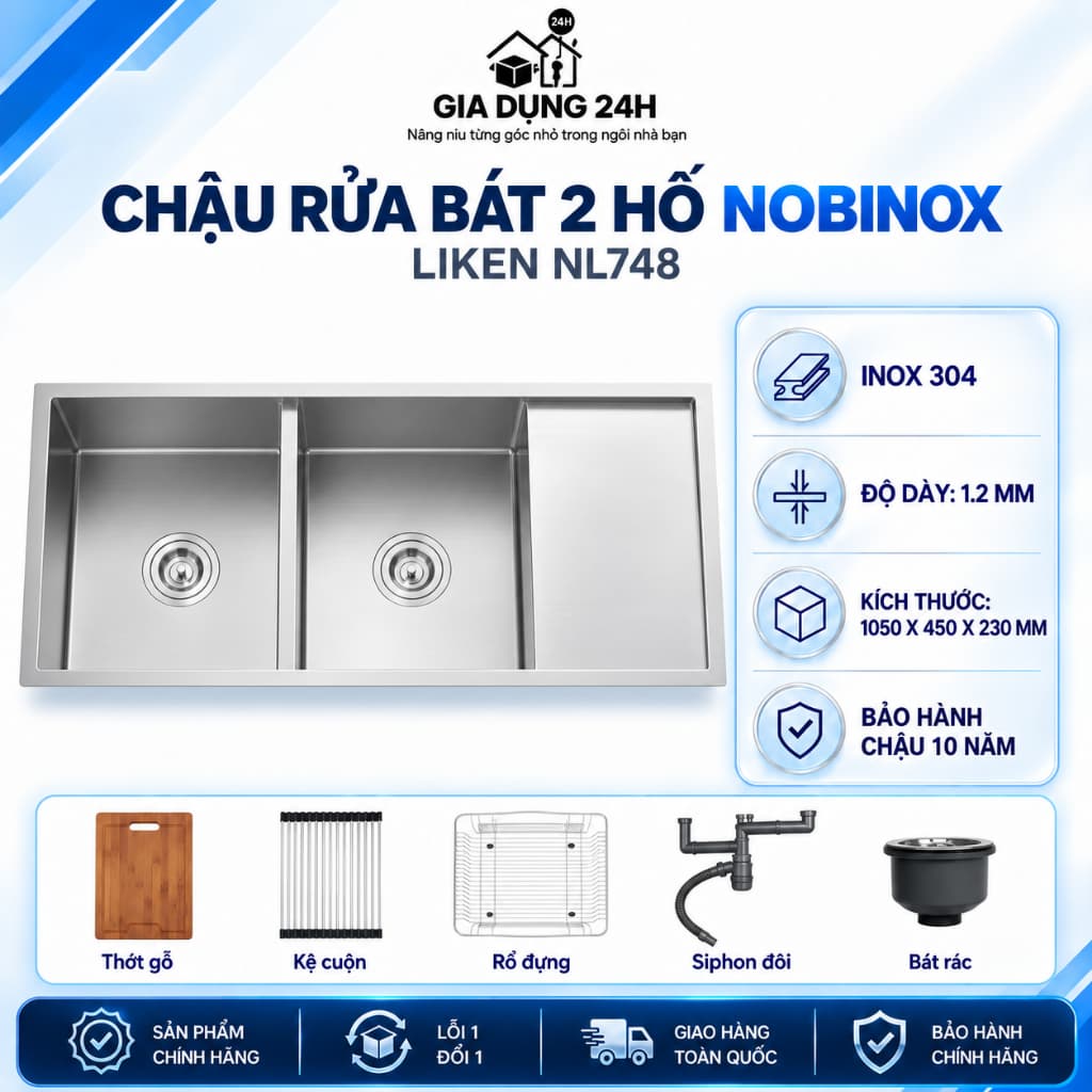CHẬU RỬA BÁT 2 HỐ NOBINOX LIKEN NL748