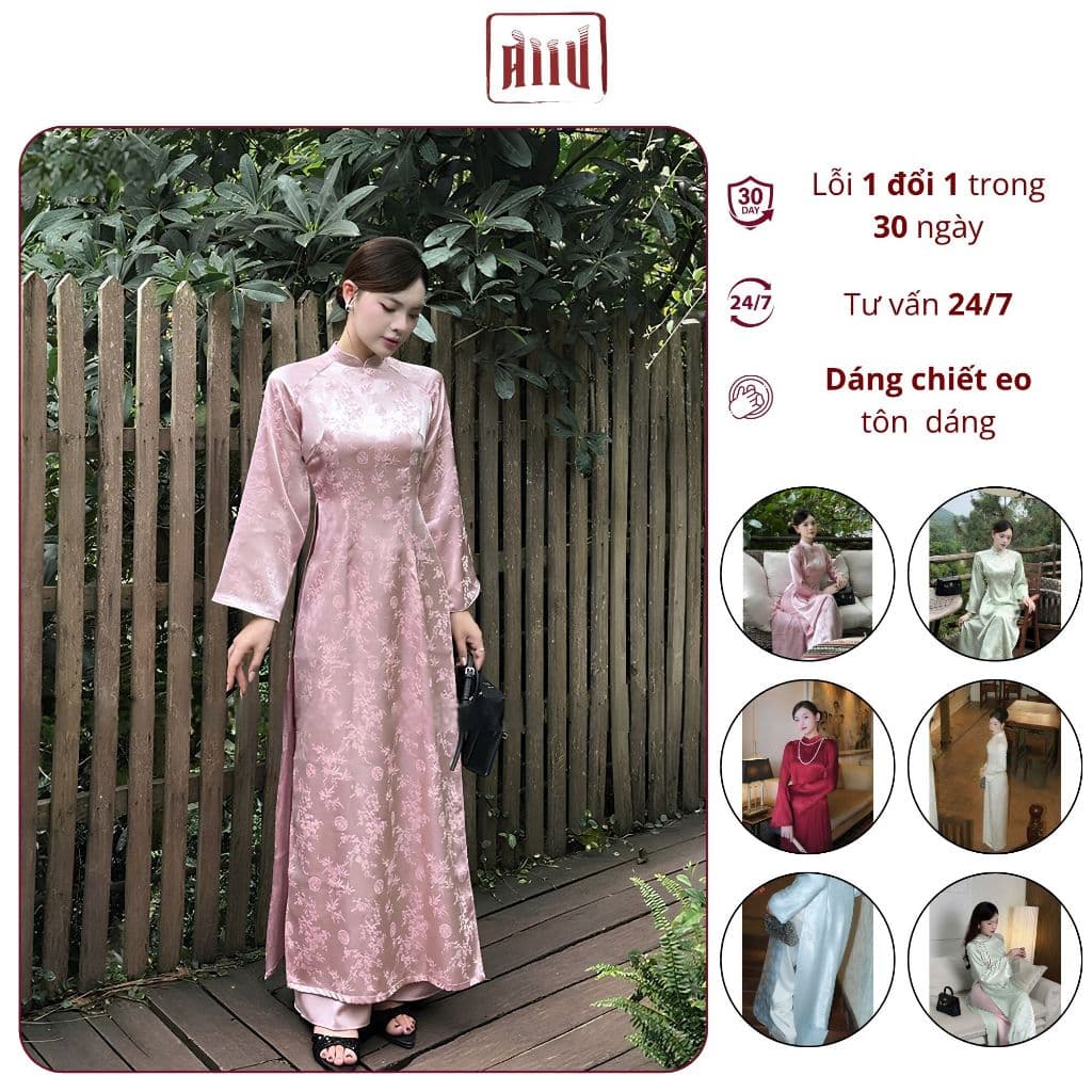 Áo Dài Chiết Eo Truyền Thống Tôn Dáng , Tà dài kèm quần Nguyệt San - Áo Dài AiiU