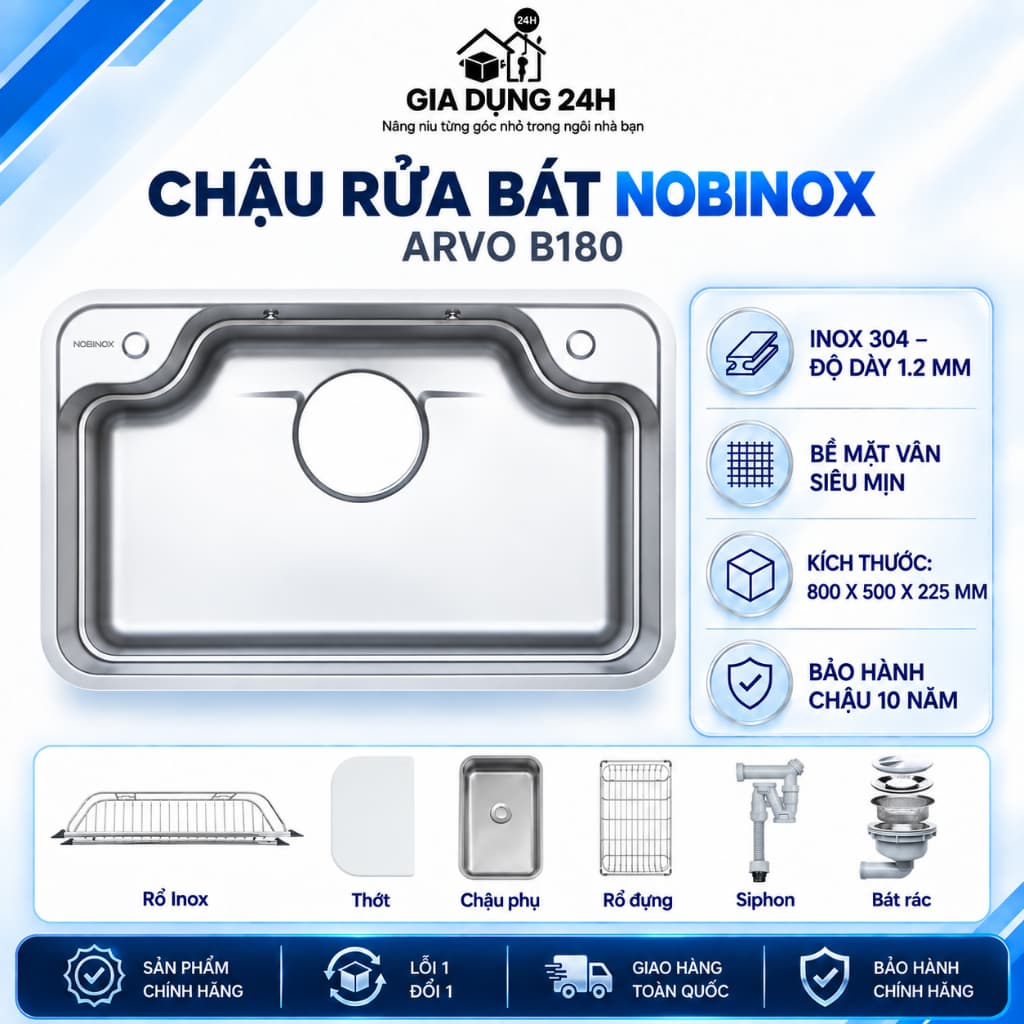 CHẬU RỬA BÁT 1 HỐ NOBINOX ARVO B180 | Kích thước 80x50cm