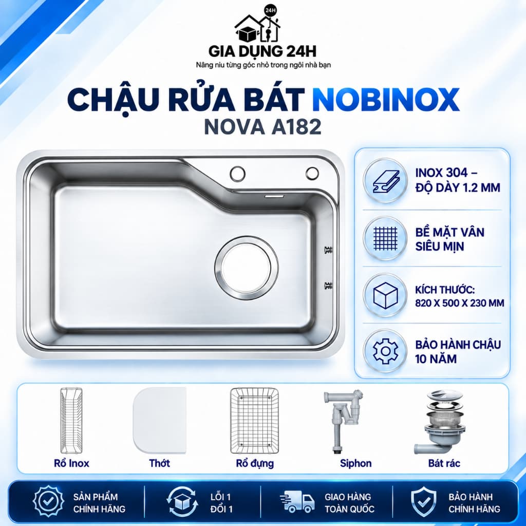 Chậu rửa 1 hố Nobinox NOVA  A182 | HÀNG CHÍNH HÃNG