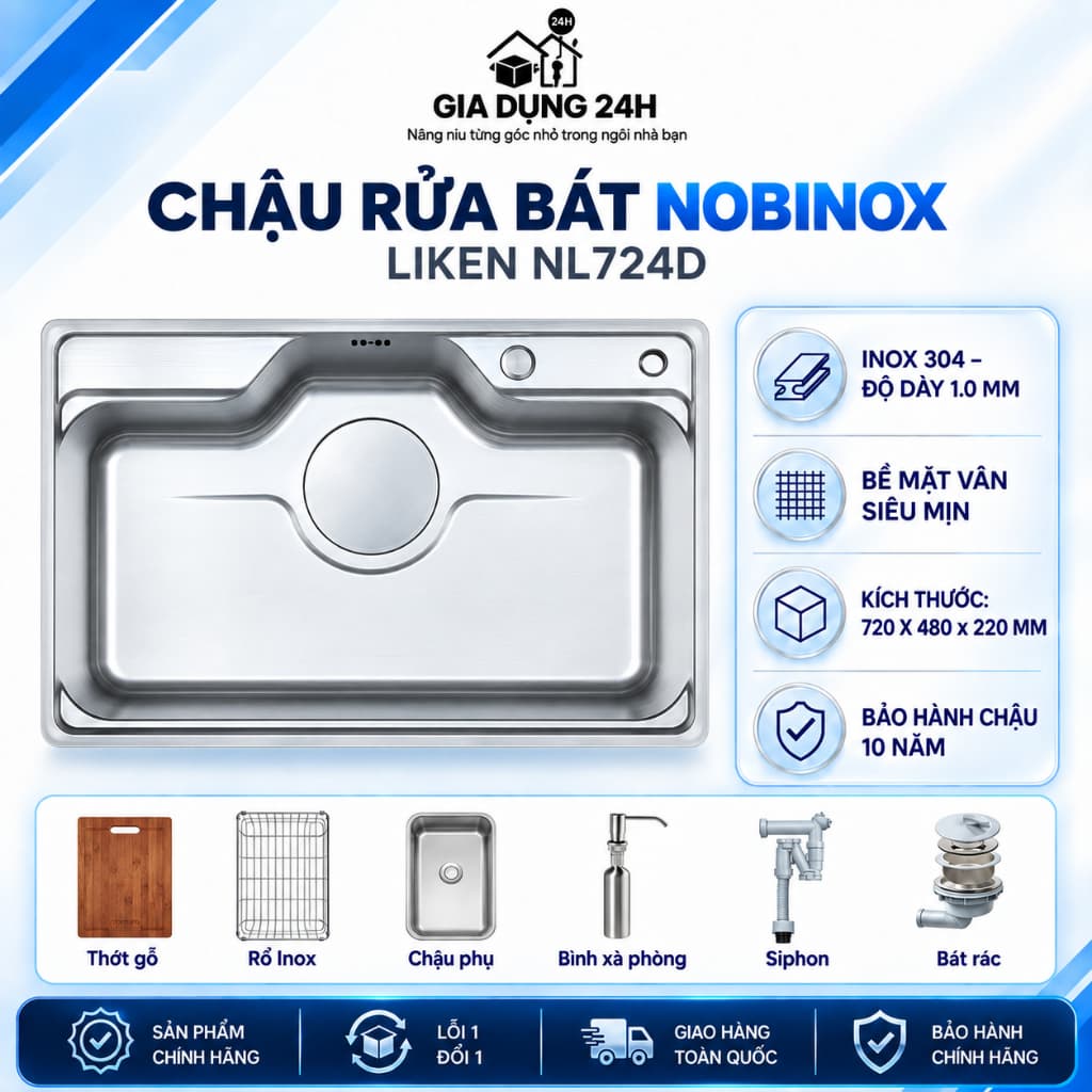 CHẬU RỬA BÁT 1 HỐ NOBINOX LIKEN NL724D | KÍCH THƯỚC 72X48CM | BỀ MẶT MỊN | Hàng chính hãng