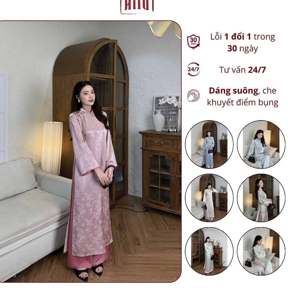 Áo dài cách tân Mộc Lam chất liệu lụa gấm mềm, điểm nơ cách điệu tinh tế, phong cách thanh lịch dịu dàng – Áo Dài AiiU