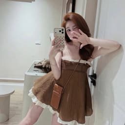 (Tặng Quần) Váy Quây Ngực Nhún Bèo Phối Màu Nâu Kem Tiểu Thư Hàn Quốc 5