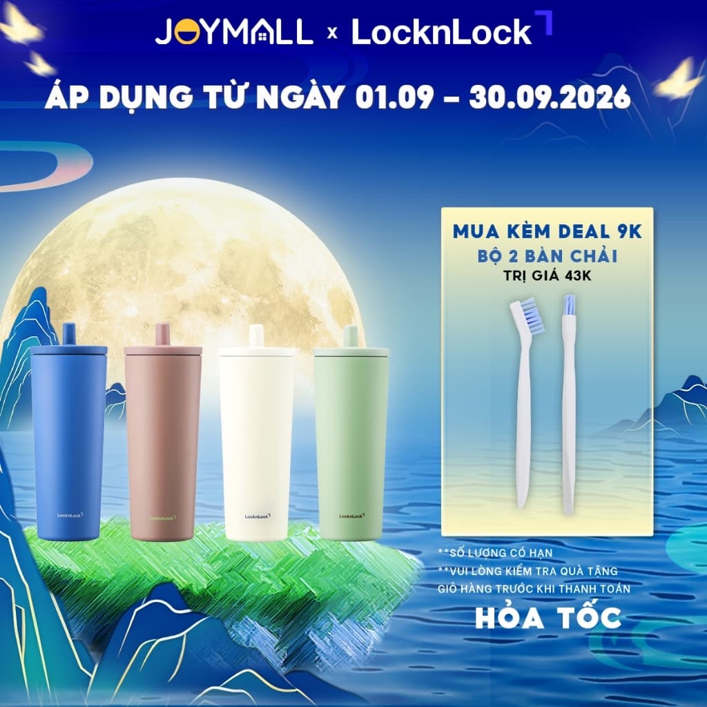 Ly giữ nhiệt thép phủ sứ LocknLock LHC4156 740ml, hàng chính hãng, ống hút bật tự động kèm nắp che  - JoyMall