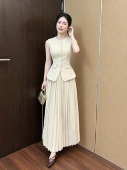 Set váy dài, Set TK công sở chất Rubi áo sát nách cổ tròn nắp túi phối chân váy dáng dài dập ly 5