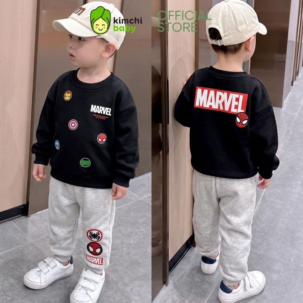 [10-29kg] Bộ Thu Đông Vải Nỉ 2 Da Cao Cấp Cho Bé Trai Dày Mịn Ấm KIMCHIBABY Họa Tiết Siêu Anh Hùng Người Nhện BN601