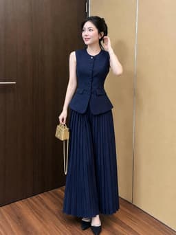 Set váy dài, Set TK công sở chất Rubi áo sát nách cổ tròn nắp túi phối chân váy dáng dài dập ly 3