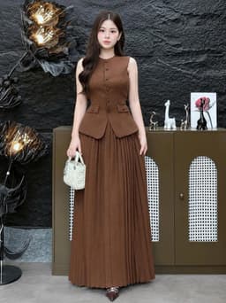 Set váy dài, Set TK công sở chất Rubi áo sát nách cổ tròn nắp túi phối chân váy dáng dài dập ly 6