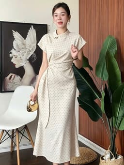 Đầm váy dài, Đầm thiết kế chất Tuyết Mưa chấm bi xoắn eo dáng midi đính phụ kiện thanh lịch 2
