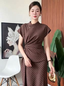 Đầm váy dài, Đầm thiết kế chất Tuyết Mưa chấm bi xoắn eo dáng midi đính phụ kiện thanh lịch 3
