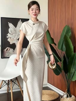 Đầm váy dài, Đầm thiết kế chất Tuyết Mưa chấm bi xoắn eo dáng midi đính phụ kiện thanh lịch 4
