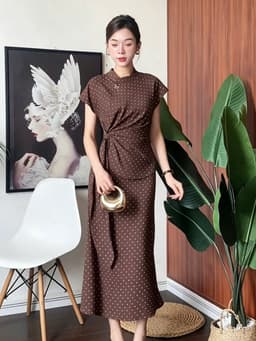 Đầm váy dài, Đầm thiết kế chất Tuyết Mưa chấm bi xoắn eo dáng midi đính phụ kiện thanh lịch 5