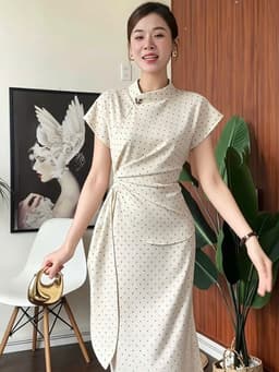 Đầm váy dài, Đầm thiết kế chất Tuyết Mưa chấm bi xoắn eo dáng midi đính phụ kiện thanh lịch 6