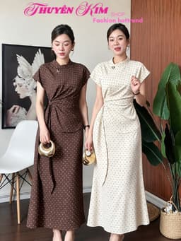 Đầm váy dài, Đầm thiết kế chất Tuyết Mưa chấm bi xoắn eo dáng midi đính phụ kiện thanh lịch 1