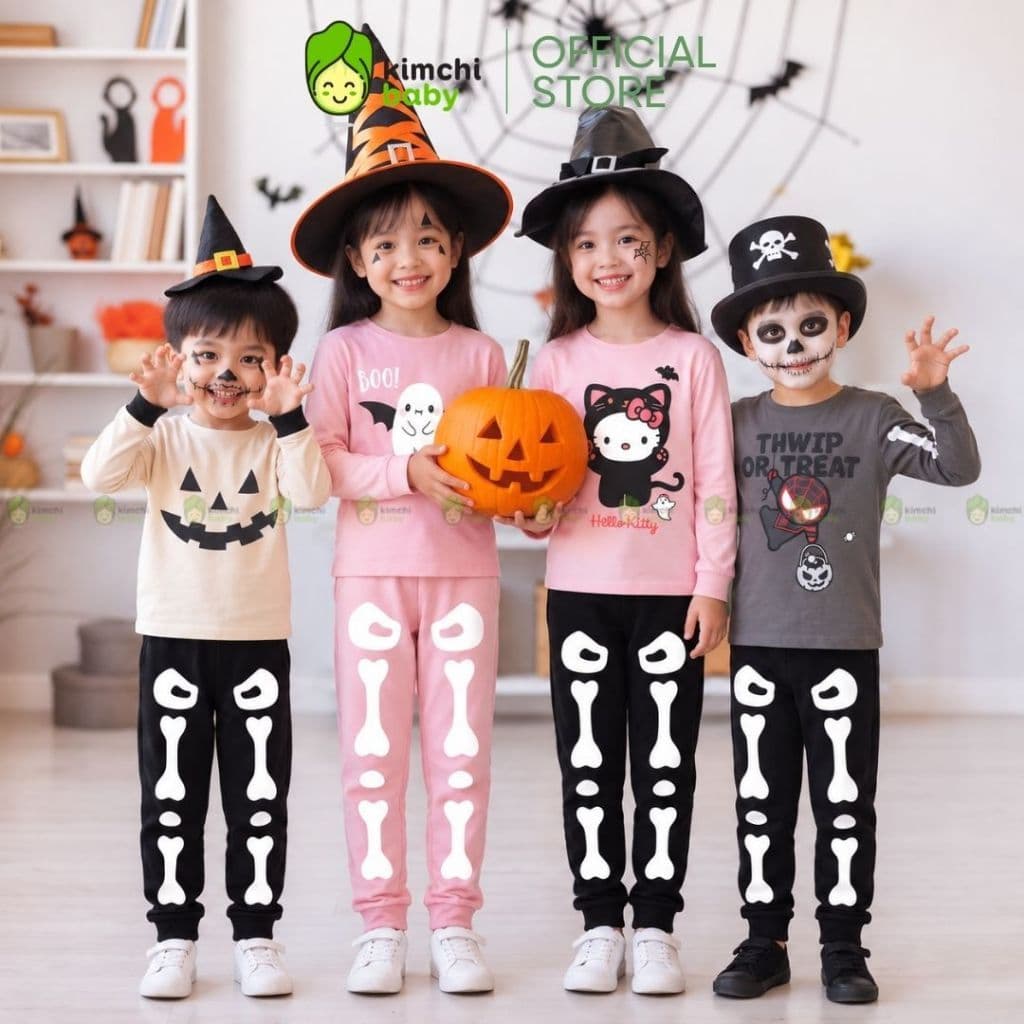 [10-29KG] Bộ Dài Tay Halloween Cho Bé Trai, Bé Gái KIMCHIBABY Vải Cotton Cao Cấp 190gsm,Bộ Cho Bé Mặc Thu Đông MKMTD2240
