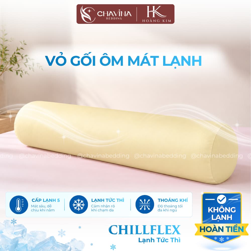 Vỏ gối Ôm HOÀNG KIM CHILLFLEX Mát Lạnh Chavina Bedding Size 35x100cm cao cấp may tai bèo bao gối ôm có khoá khéo