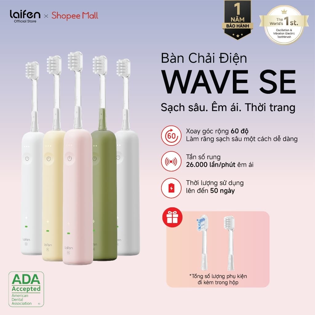 Bàn Chải Điện Wave SE Hỗ Trợ Làm Sạch Răng, Điều Chỉnh 10 Mức Độ, Bảo Hành 12 Tháng