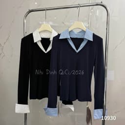 𝑨𝒏𝒏 𝑺𝒕𝒖𝒅𝒊𝒐 Áo Thun Nữ Dài Tay Phối Cổ Sơ Mi 𝐄𝐍.𝐄𝐍 10930, Áo Thun Cổ Bẻ Tay Dài Form Ôm Phong Cách Hàn Quốc 9