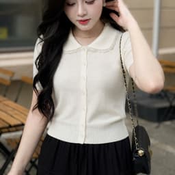 Áo Len Dệt Kim Nữ Tay Ngắn Cổ Sen Viền Ren Cài Nút Tay Phồng Màu Vàng Kem Thanh Lịch EvaLover 9
